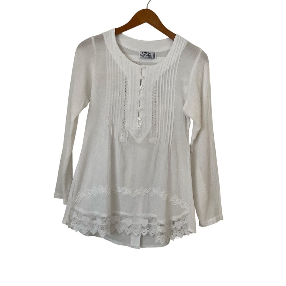 American South Side Embroided Blouse SzS White Hearts Romantic Peasant Boho Chic